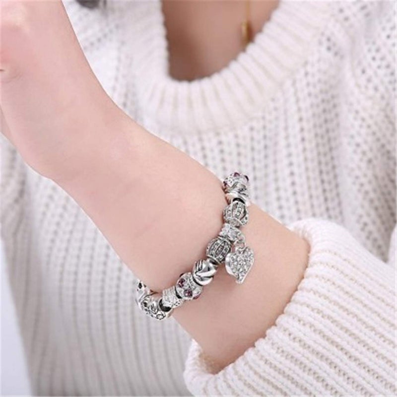 MUERDOU Mother Charms Bracelet for Women Murano Glass Beads Butterfly Flower Charms Amethyst Bracelets (Heart charm bracelet) - Image 3
